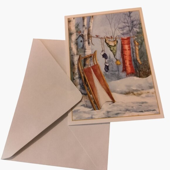 Holiday Greeting Card Vintage Sled Winter Clothes Michelle Palmer - Picture 3 of 5